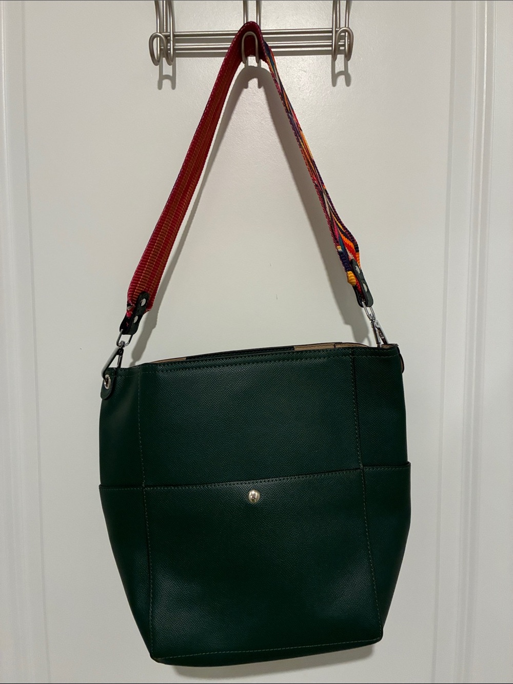 Dark Green Shoulder Bag with Removable Print Accent & Crossbody Straps